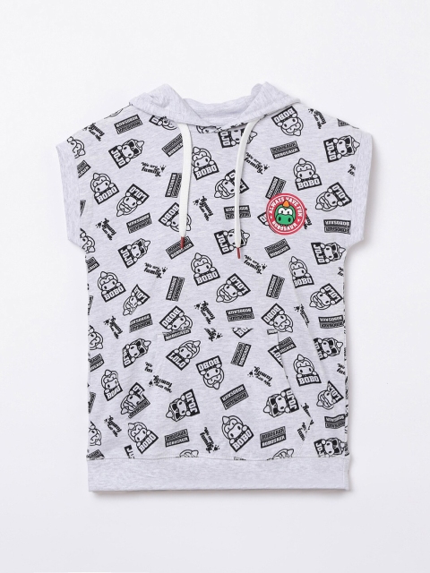 Bossini Boys Grey Melange Printed Hooded Cotton T-shirt