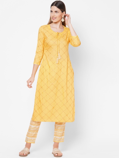 FASHOR Women Yellow Printed Kurta with Trousers