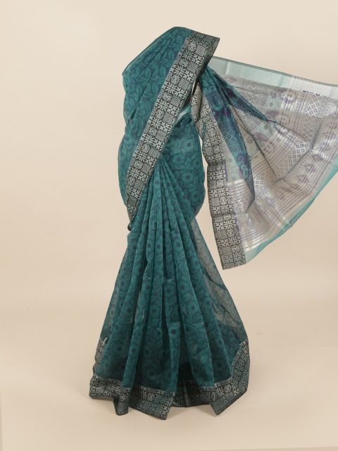 Pothys Blue & Sea Green Floral Saree