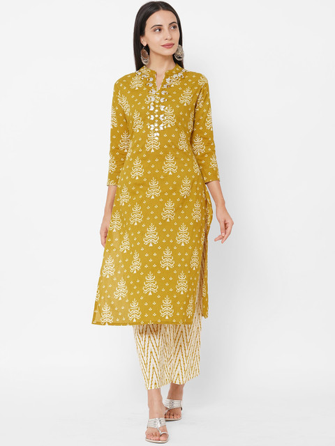 FASHOR Women Olive Green Ethnic Motifs Printed Mirror Work Pure Cotton Kurta with Trousers
FASHOR Women Olive Green Ethnic Motifs Printed Mirror Work Pure Cotton Kurta with Trousers