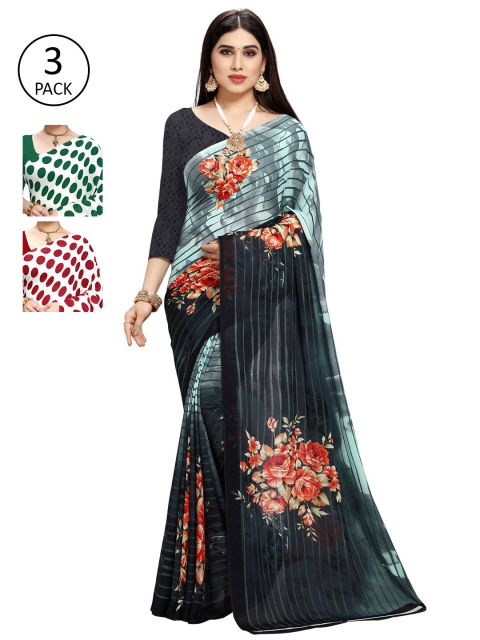 KALINI Pack Of 3 White & Green Saree