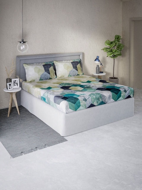 DDecor Turquoise Blue & Grey Geometric 144 TC Queen Bedsheet with 2 Pillow Covers