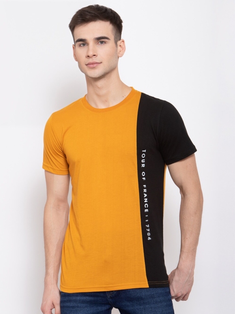 KAY DEE Men Mustard Black Typography Printed Colourblocked Pure Cotton Slim Fit Pure Cotton T-shirt
KAY DEE Men Mustard Black Typography Printed Colourblocked Pure Cotton Slim Fit Pure Cotton T-shirt