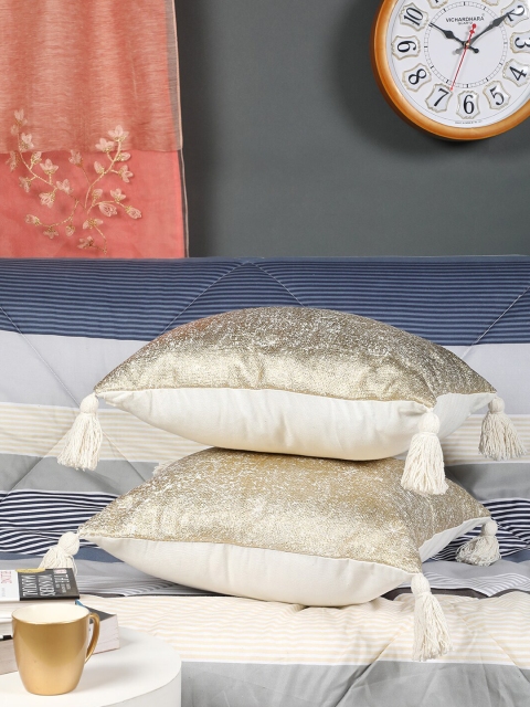Scarves & Glitters Gold & White Set of 2 Embellished Square Cushion Covers