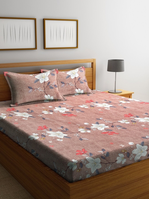 NEUDIS Brown & White Floral 180 TC King Bedsheet with 2 Pillow Covers