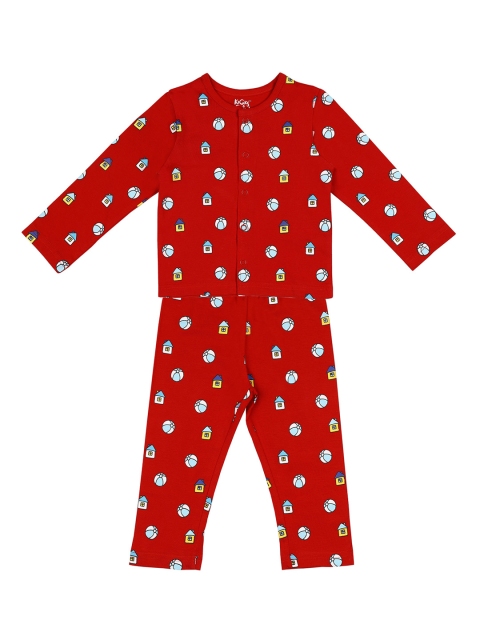 KICKS & CRAWL Boys Red & White Printed Night suit
