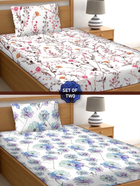 BELLA CASA Floral 250 TC 2 Single Bedsheet with 2 Pillow Covers, White