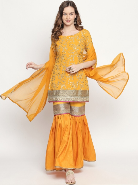 Ira Soleil Women Yellow Floral Embroidered Kurti with Sharara & With Dupatta