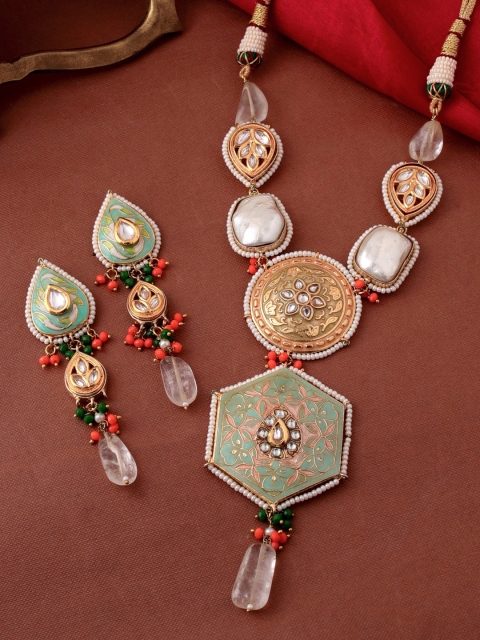 THE AAB STUDIO Gold-Plated White & Sea-Green Kundan-Studded & Beaded Meenakari Jewellery Set
THE AAB STUDIO Gold-Plated White & Sea-Green Kundan-Studded & Beaded Meenakari Jewellery Set