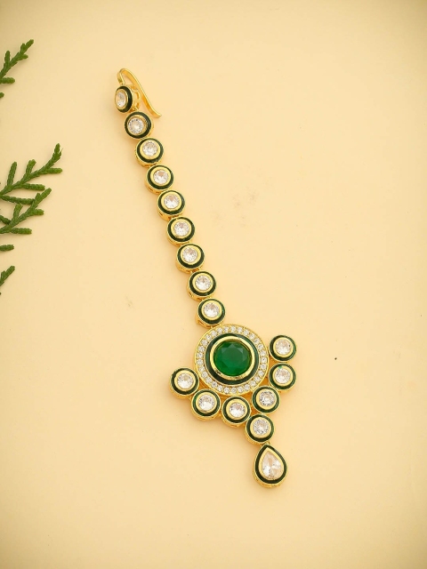 Silvermerc Designs Gold-Plated White & Green AD-Studded Meenakari Maang Tikka