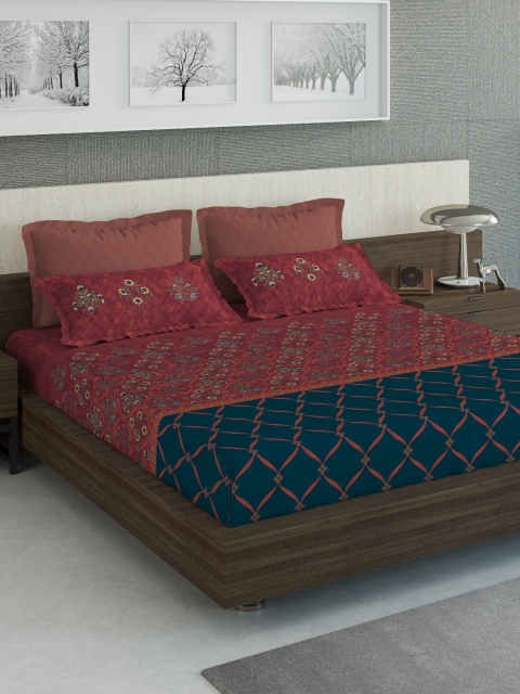 DDecor Red & Navy Blue Floral 140 TC King Bedsheet with 4 Pillow Covers
