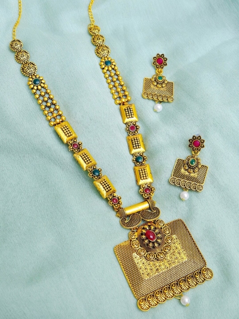 Crunchy Fashion Gold-Plated & Green Stone-Studded & Beaded Antique Jewellery Set
Crunchy Fashion Gold-Plated & Green Stone-Studded & Beaded Antique Jewellery Set