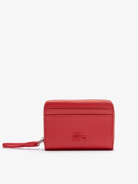 Lacoste Women Red & Silver-Toned Textured Leather Zip Around Wallet