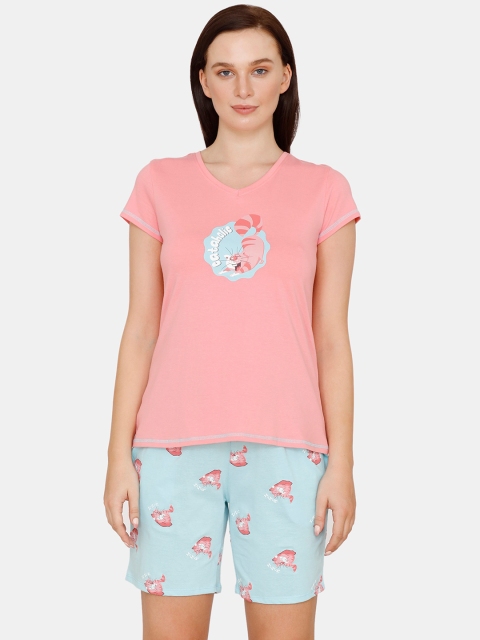 Zivame Women Pink & Blue Printed Night suit