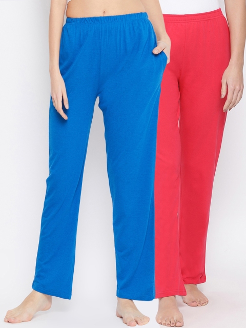 Clovia Women Cotton Pack Of 2 Solid Cotton Lounge Pants, Blue
