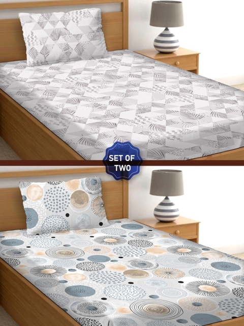 BELLA CASA Grey & Brown Floral 250 TC 2 Single Bedsheet with 2 Pillow Covers