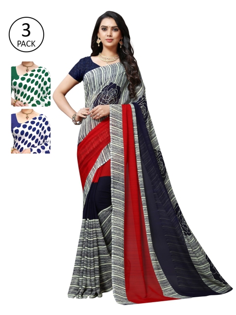 KALINI Pack Of 3 Poly Georgette Printed Sarees, White