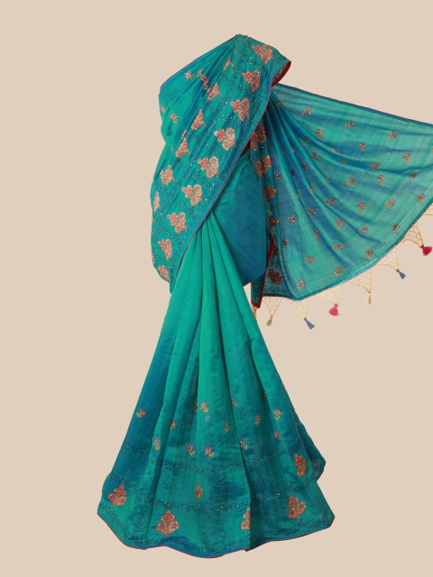 Pothys Blue & Orange Floral Beads and Stones Art Silk Heavy Work Saree