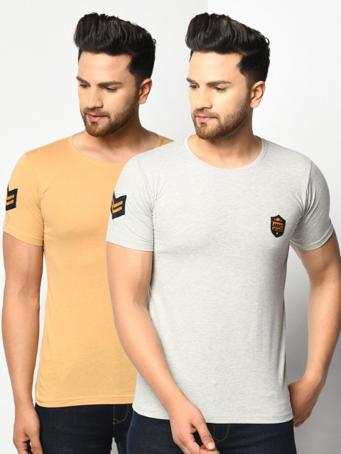 ELEGANCE Men Pack Of 2 Beige & Grey T-shirts