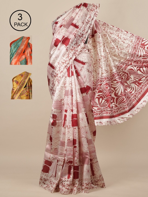 Pothys-Pack of 3 Assorted Jute Print Sarees, Cream