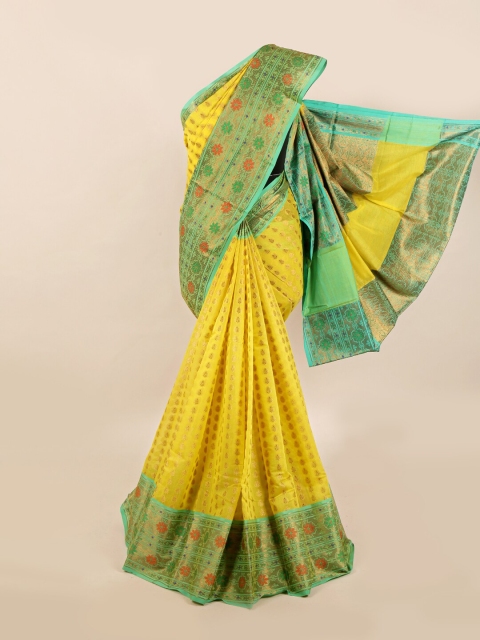 Pothys Yellow & Sea Green Woven Design Zari Cotton Blend Saree