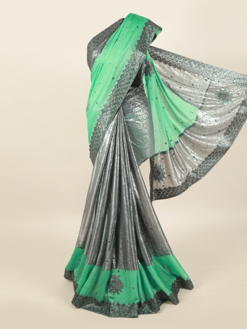Pothys Green & Grey Embellished Pure Georgette Saree