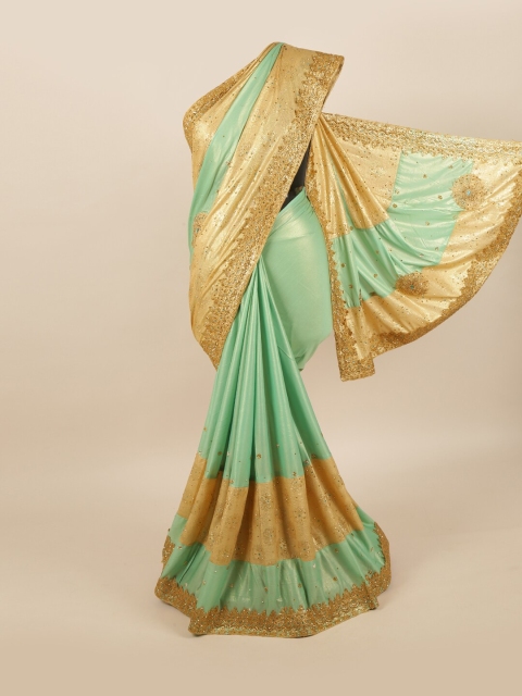 Pothys Sea Green & Beige Floral Pure Georgette Saree