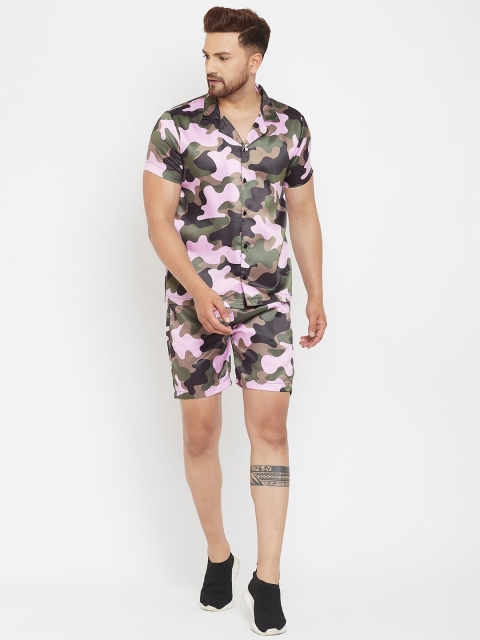 FUGAZEE Men Black & Green Printed Shirt with Shorts