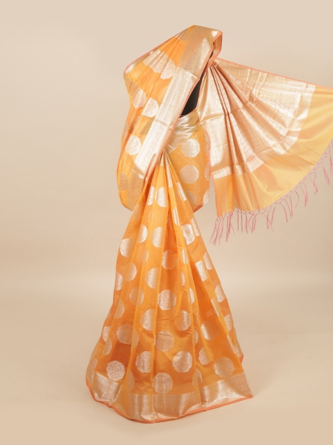 Pothys Orange & Gold Floral Linen Blend Saree