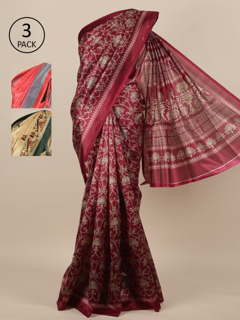 Pothys-Pack of 3 Assorted Jute Print Sarees