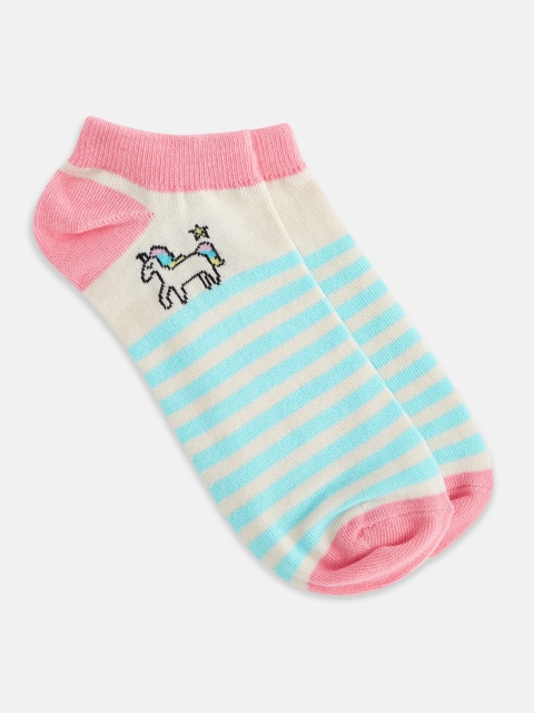 Honey by Pantaloons Women Cream-Coloured & Pink Striped Ankle-Length Socks