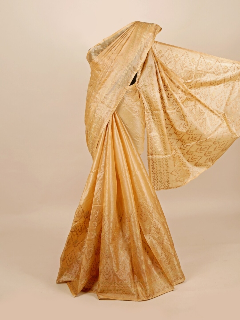 Pothys Cream & Gold-Toned Floral Pure Silk Tussar Saree
