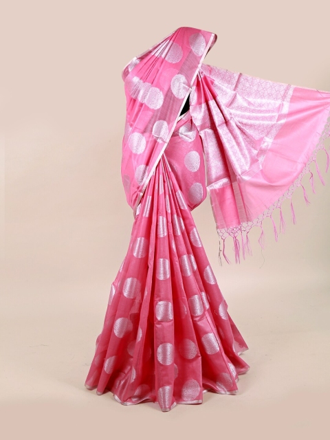 Pothys Pink & Silver-Toned Floral Zari Linen Blend Saree
