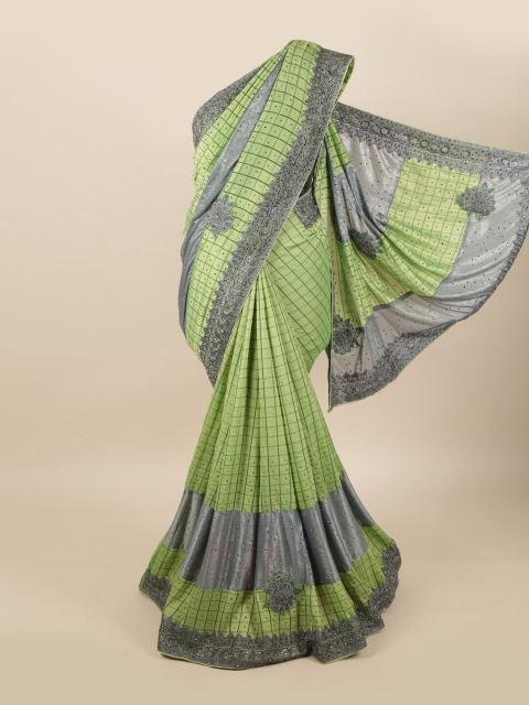 Pothys Women Green & Grey Floral Beads and Stones Pure Georgette Saree