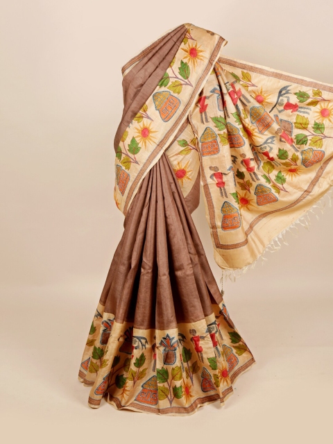 Pothys Brown & Cream-Coloured Floral Pure Silk Tussar Saree