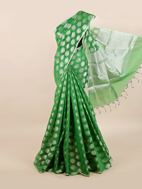 Pothys Green & Silver-Toned Woven Design Linen Blend Saree