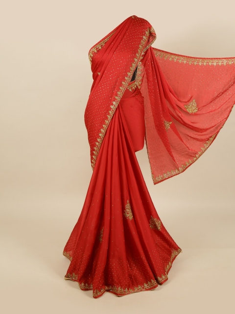 Pothys Red & Gold-Toned Floral Beads and Stones Pure Georgette Saree