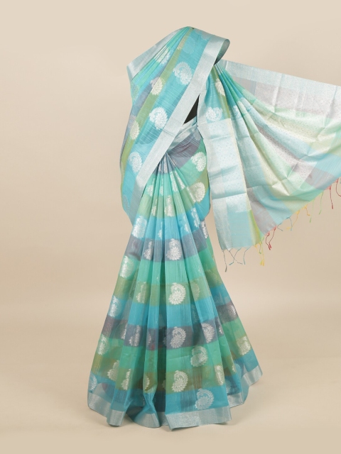 Pothys Green & Blue Woven Design Zari Linen Blend Saree
