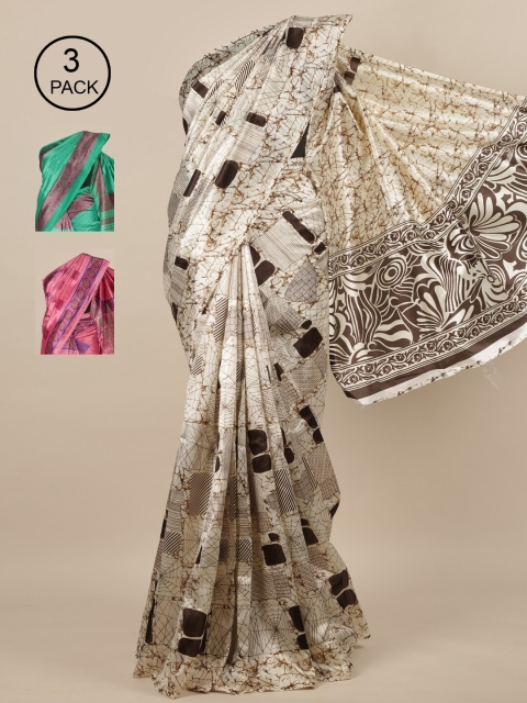 Pothys-Pack of 3 Assorted Jute Silk Printed Sarees, Sea green