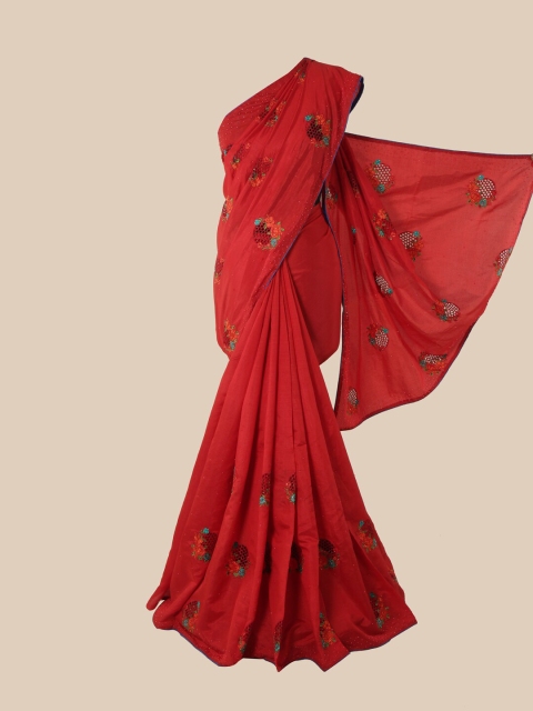 Pothys Red & Blue Floral Embroidered Art Silk Saree
