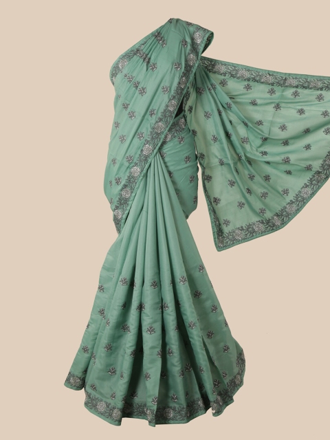 Pothys Green & Grey Floral Embroidered Art Silk Saree