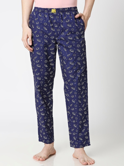 Bewakoof Men Blue & White Outer Space All Over Printed Pure Cotton Lounge Pants