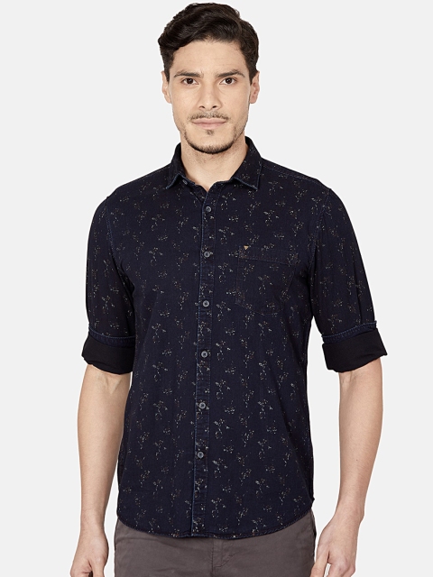 Oxemberg Men Navy Blue Slim Fit Printed Casual Shirt