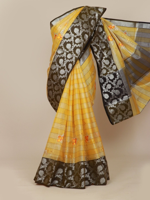 Pothys Mustard Yellow & Black Checked Art Silk Banarasi Saree