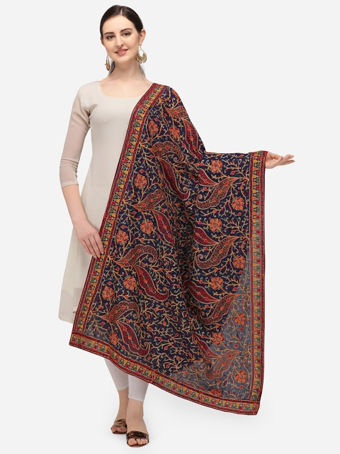 VASTRANAND Navy Blue & Red Ethnic Motifs Embroidered Dupatta with Thread Work