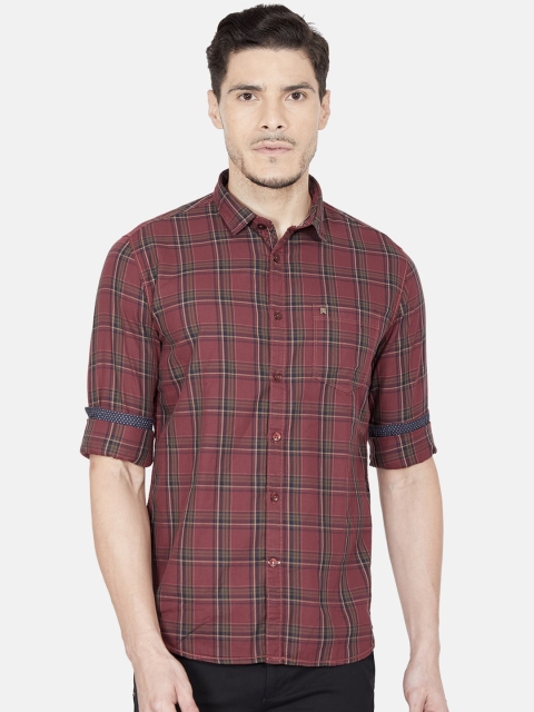 Oxemberg Men Maroon Slim Fit Tartan Checks Checked Casual Shirt