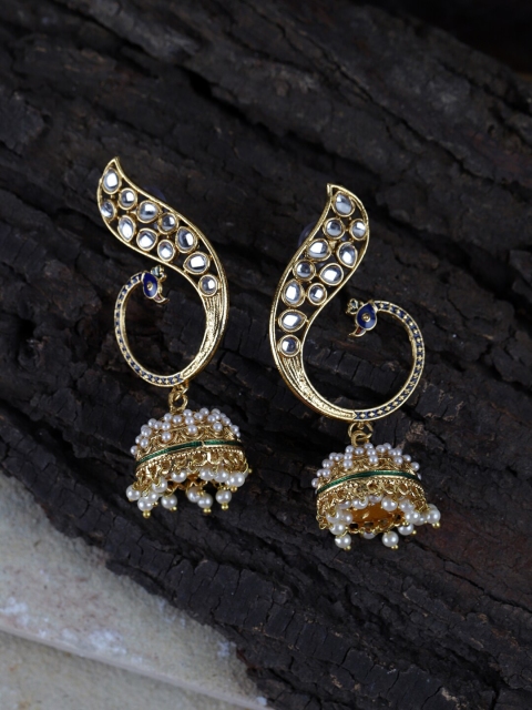 Fabstreet Gold-Toned Peacock Shaped Jhumkas Earrings