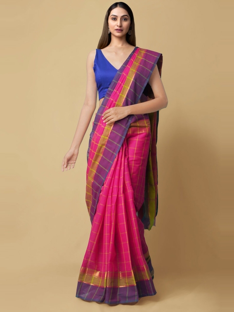 Unnati Silks Pink & Blue Checked Pure Cotton Mangalagiri Saree