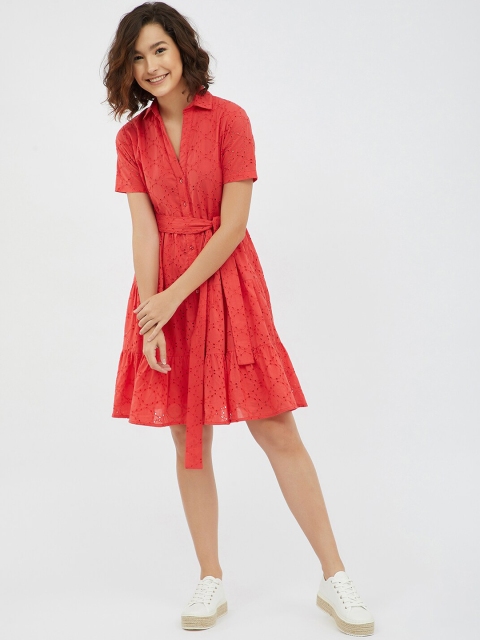 Femella Women Coral Red Schiffli Dress