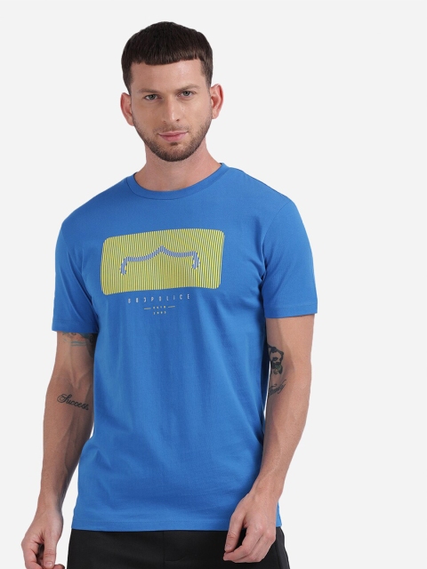 883 Police Men Blue & Yellow Printed Cotton T-shirt